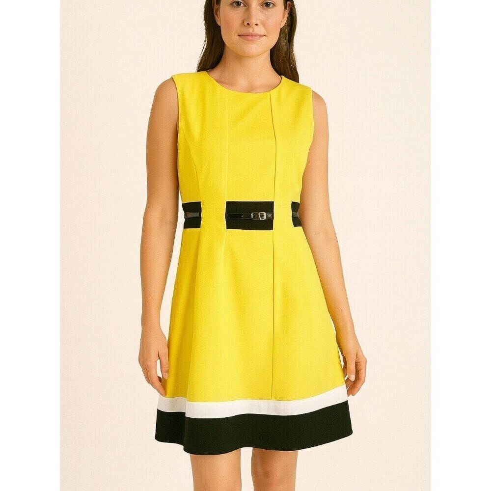 Calvin Klein A-line Sleeveless Career Dress Yellow Colorblock with Belt Size 8P